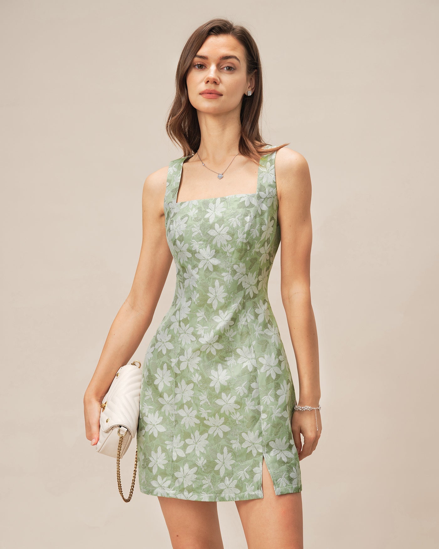 Green Square Neck Slit Floral Mini Dress | Rihoas