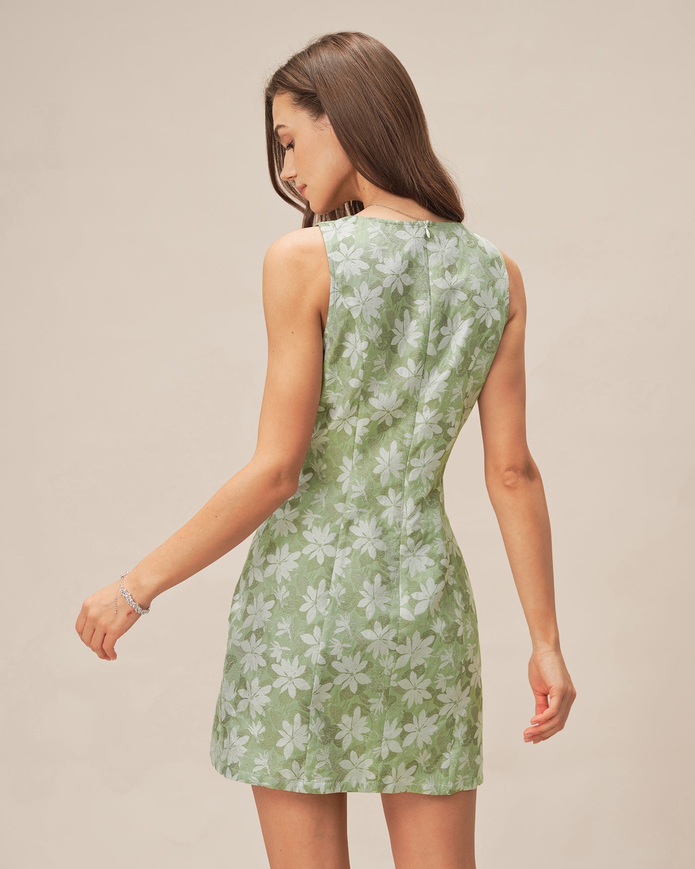 Green Square Neck Slit Floral Mini Dress | Rihoas