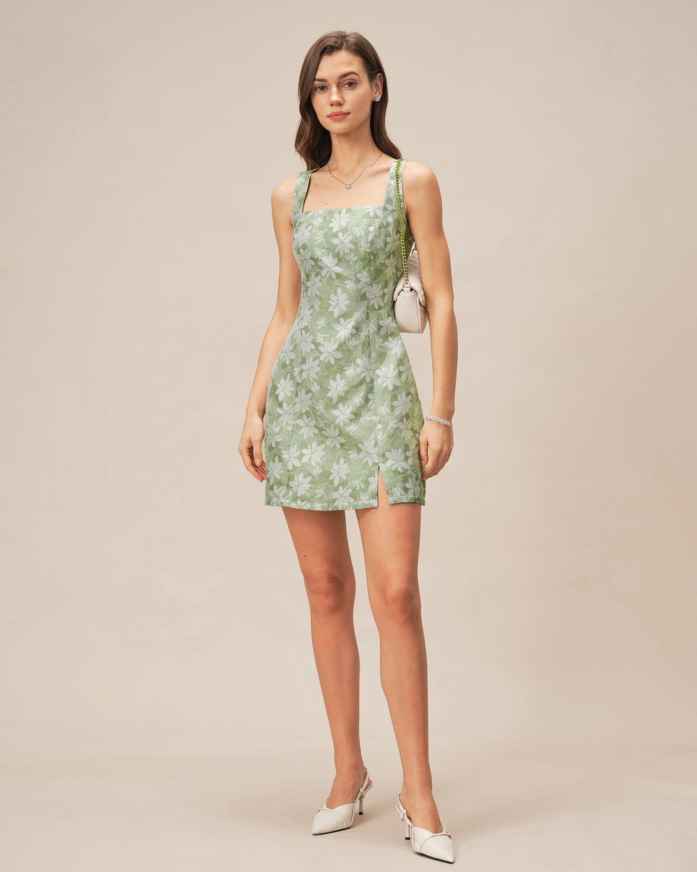 Green Square Neck Slit Floral Mini Dress | Rihoas
