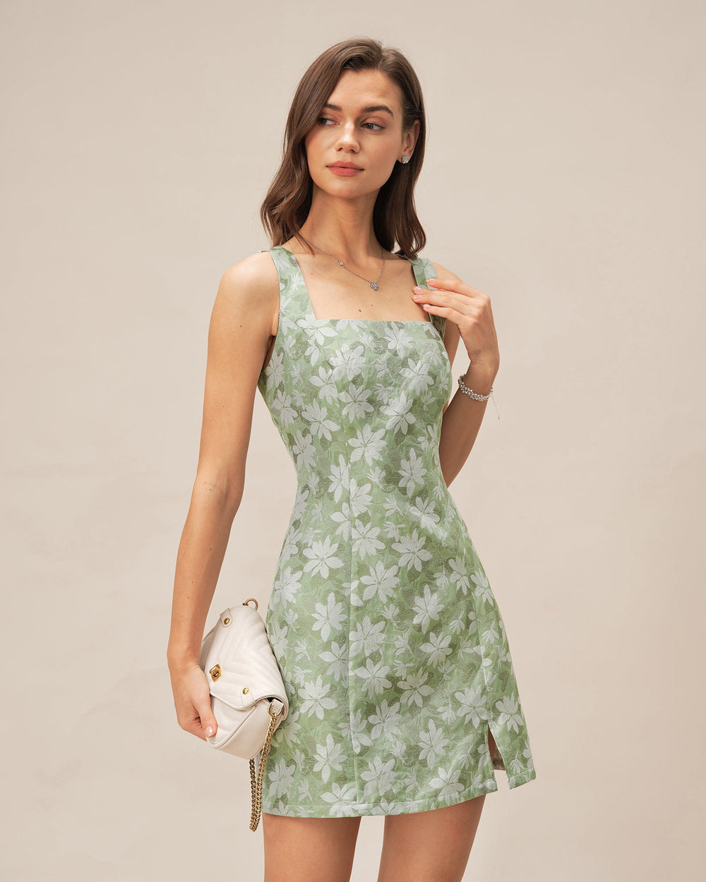 Green Square Neck Slit Floral Mini Dress | Rihoas