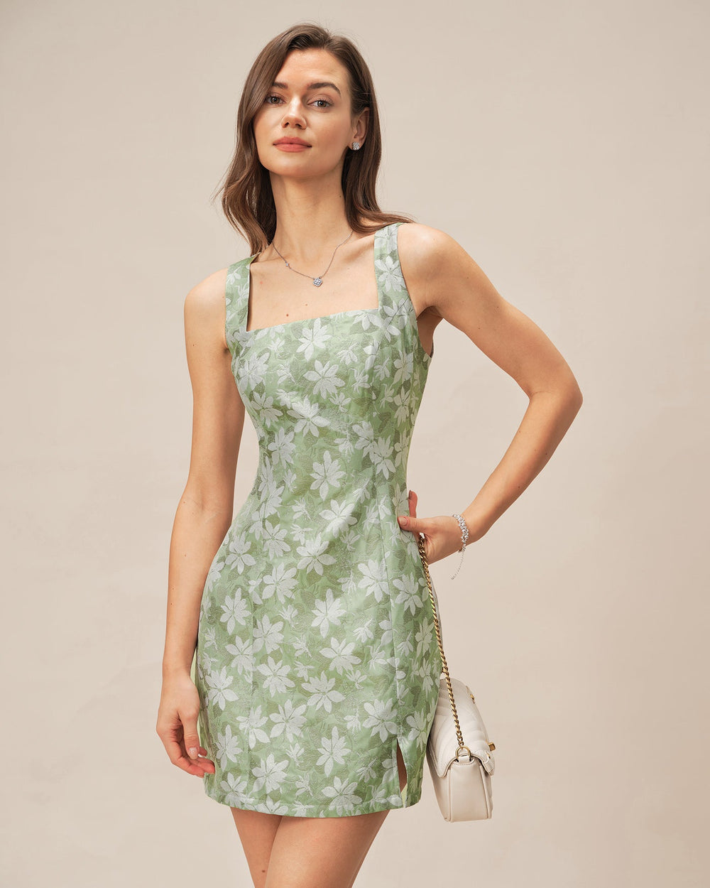 Green Square Neck Slit Floral Mini Dress | Rihoas