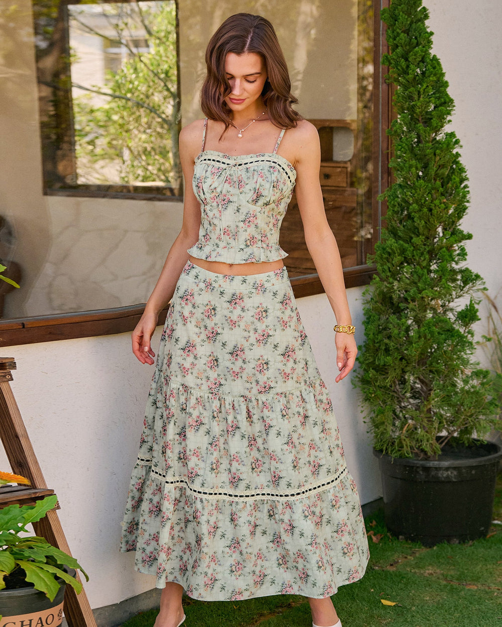 Green Floral A-Line Midi Skirt | Rihoas