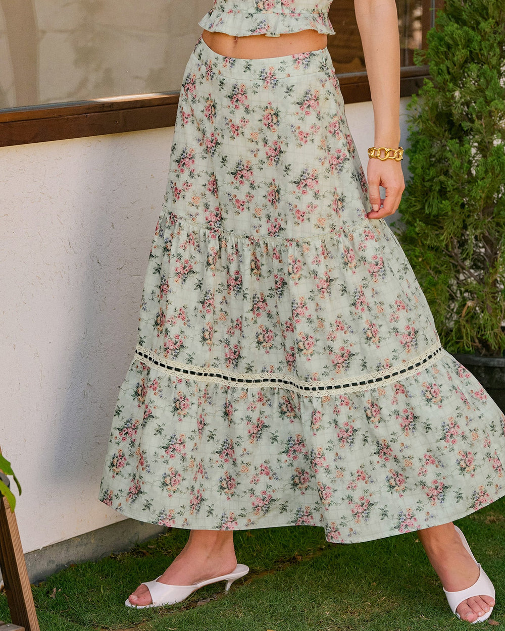 Green Floral A-Line Midi Skirt | Rihoas