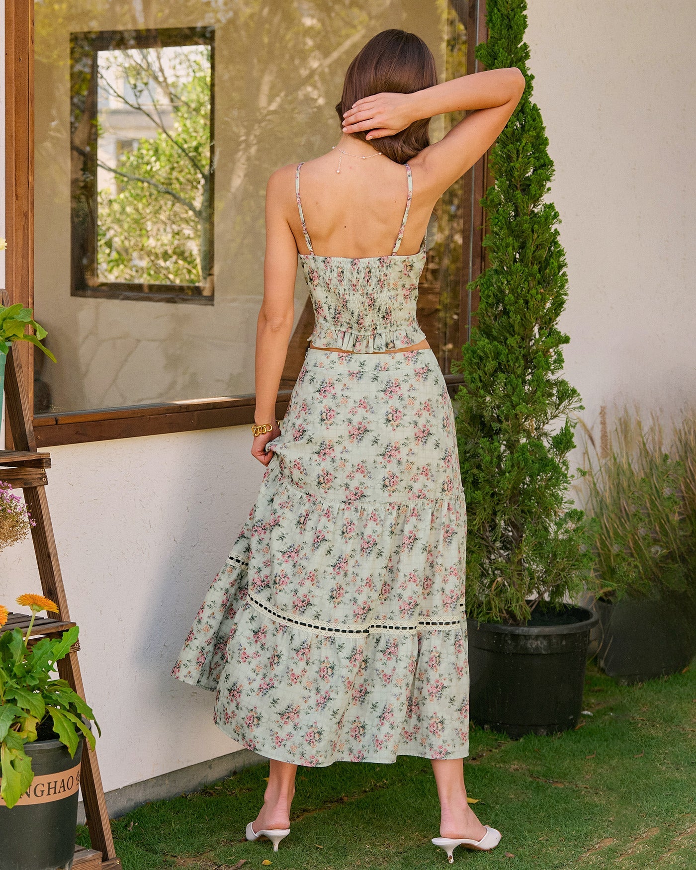 Green Floral A-Line Midi Skirt | Rihoas
