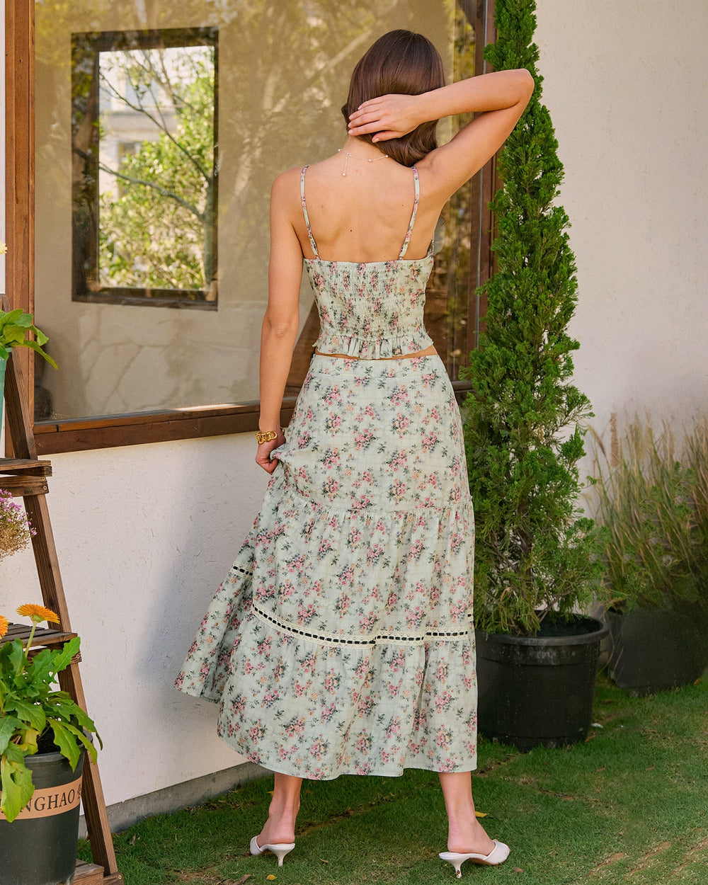 Green Floral A-Line Midi Skirt | Rihoas
