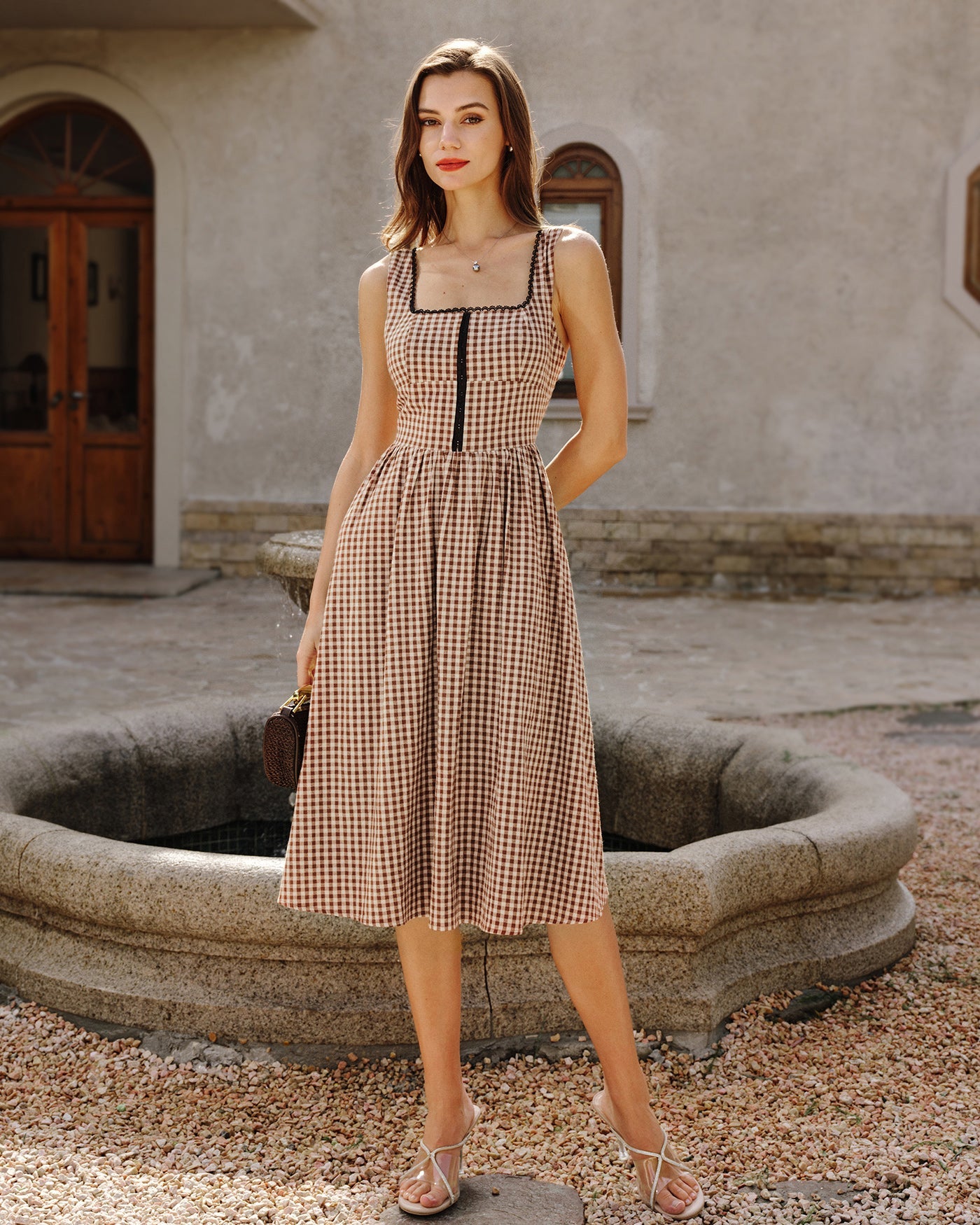 Brown Plaid Sleeveless Midi Dress | Rihoas
