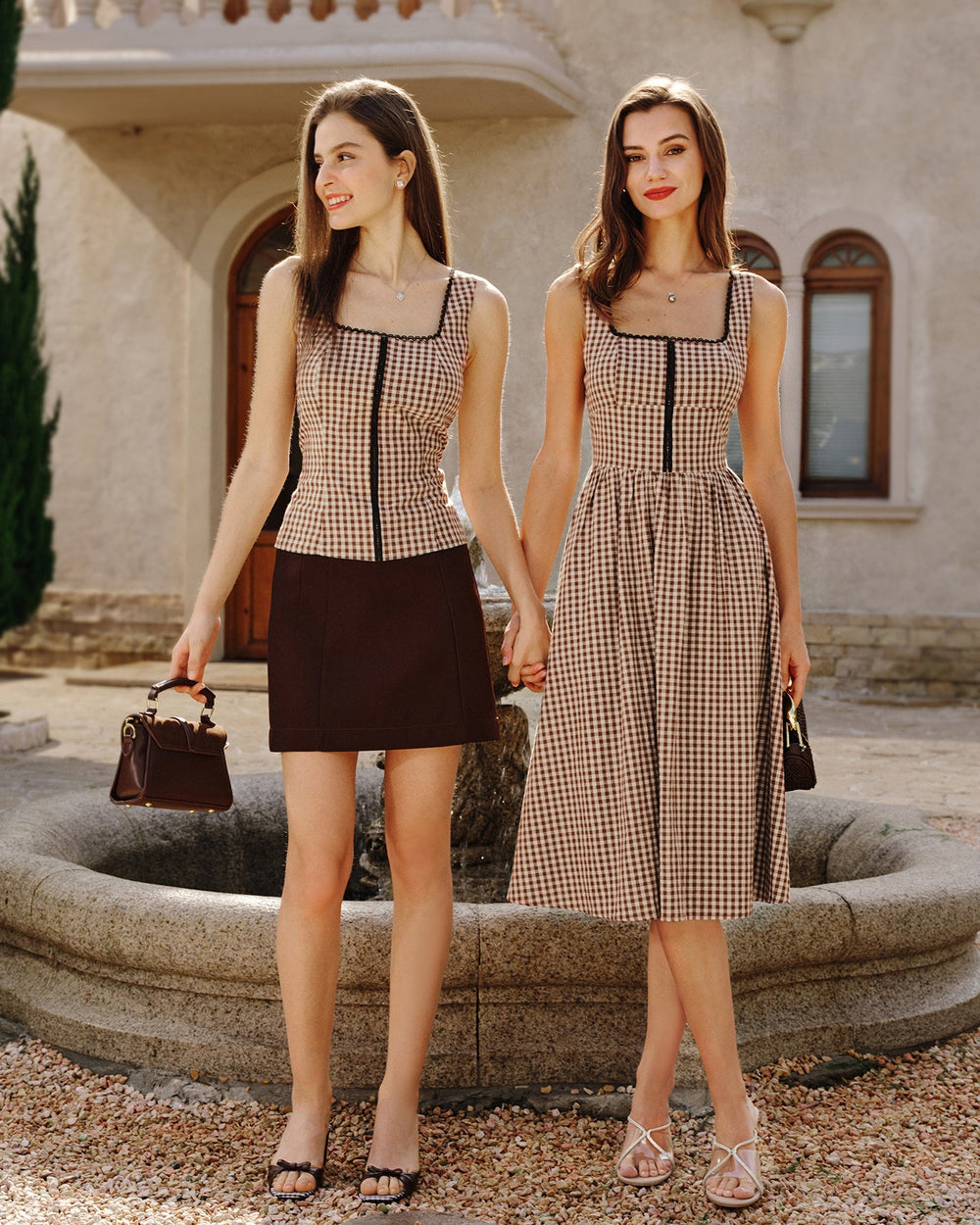 Brown Plaid Sleeveless Midi Dress | Rihoas