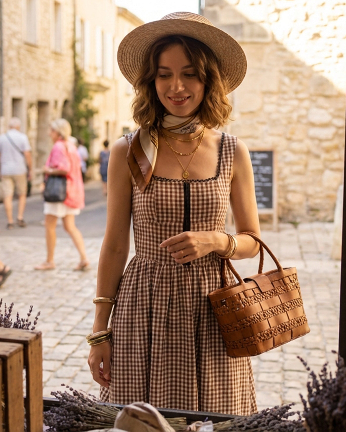 Brown Plaid Sleeveless Midi Dress | Rihoas