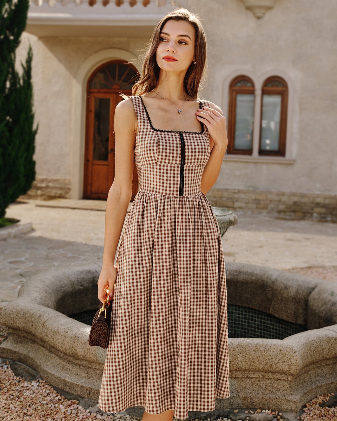 Brown Plaid Sleeveless Midi Dress | Rihoas