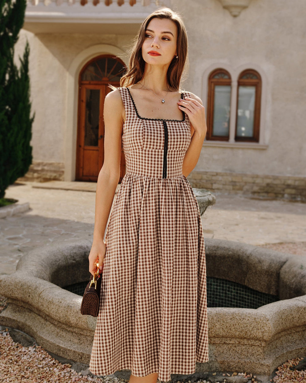 Brown Plaid Sleeveless Midi Dress | Rihoas