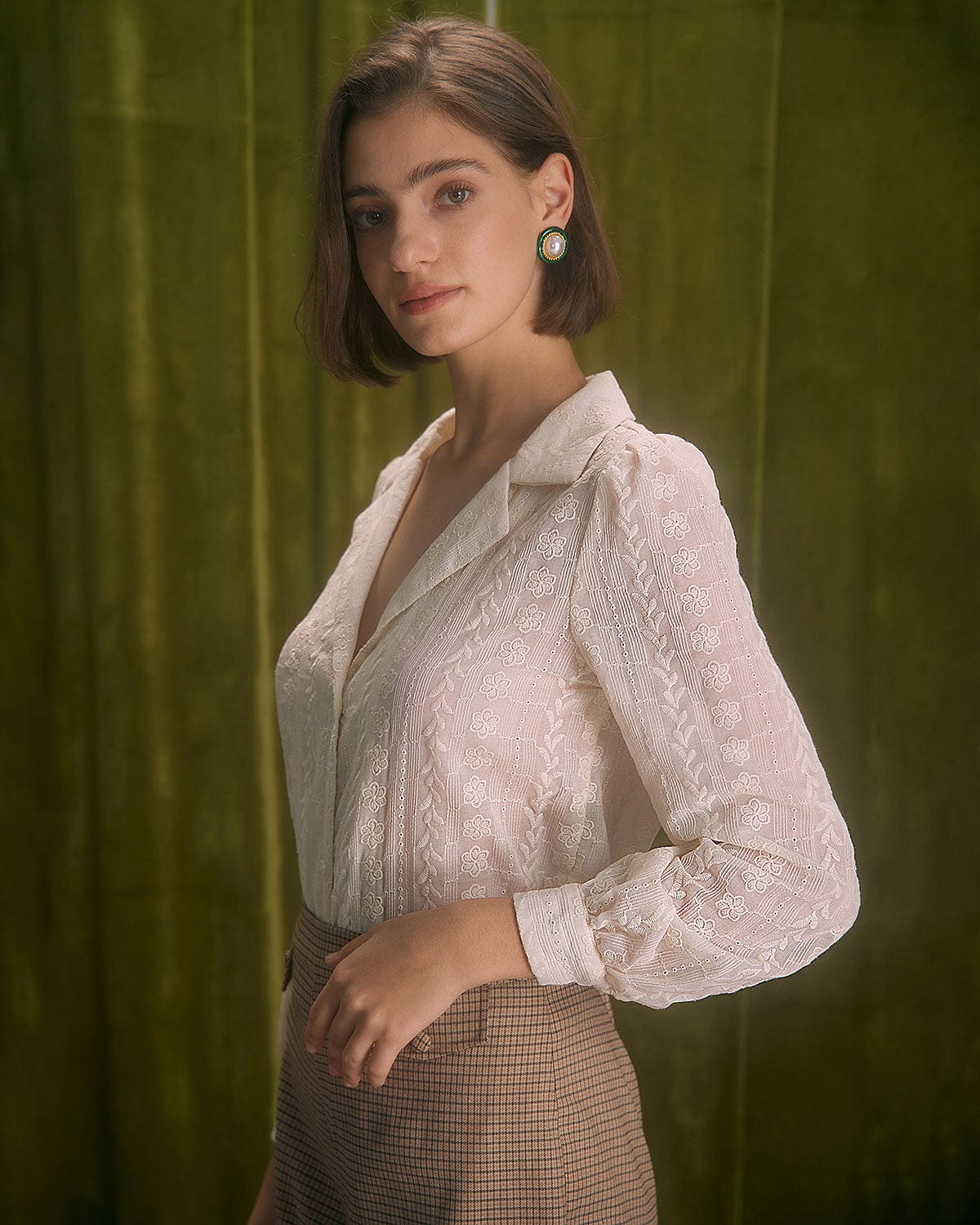 The Apricot Lapel Floral Embroidery Blouse | Rihoas