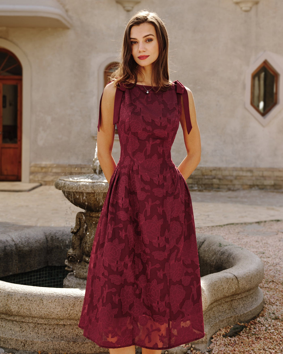 Red Jacquard Chiffon Midi Dress | Rihoas