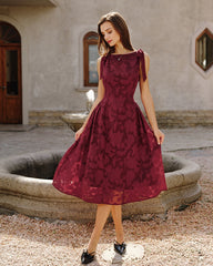 Red Jacquard Chiffon Midi Dress | Rihoas