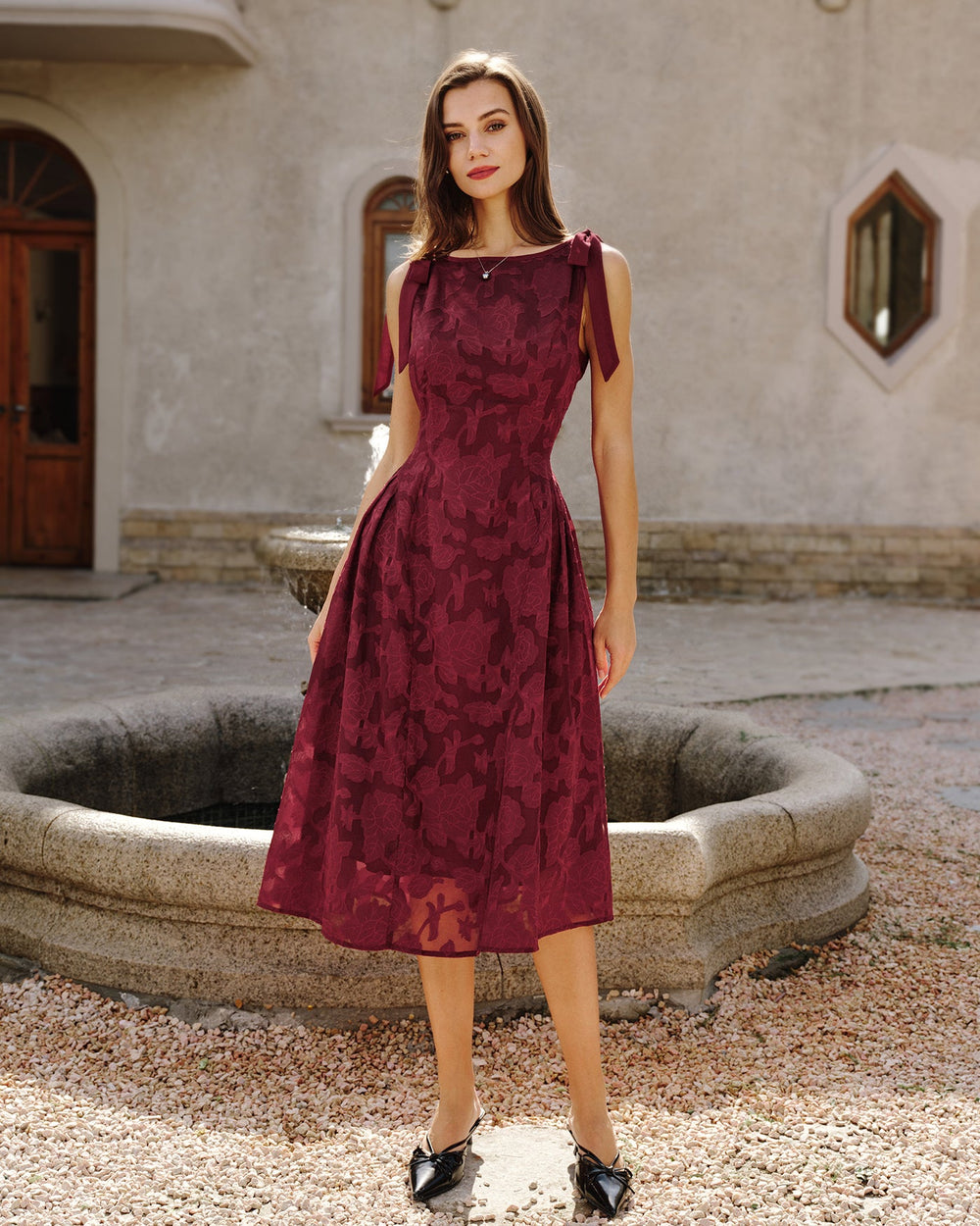 Red Jacquard Chiffon Midi Dress | Rihoas