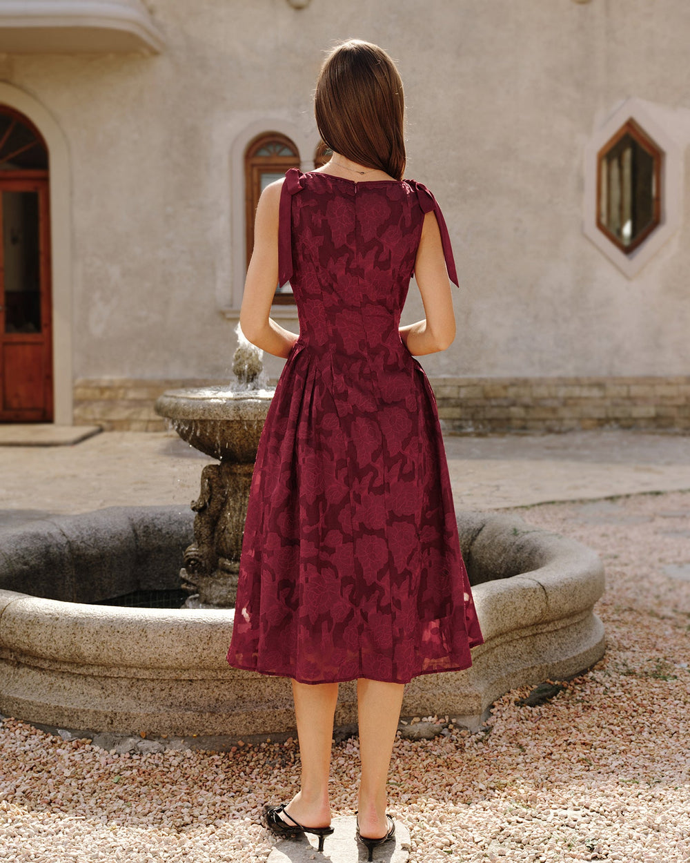 Red Jacquard Chiffon Midi Dress | Rihoas