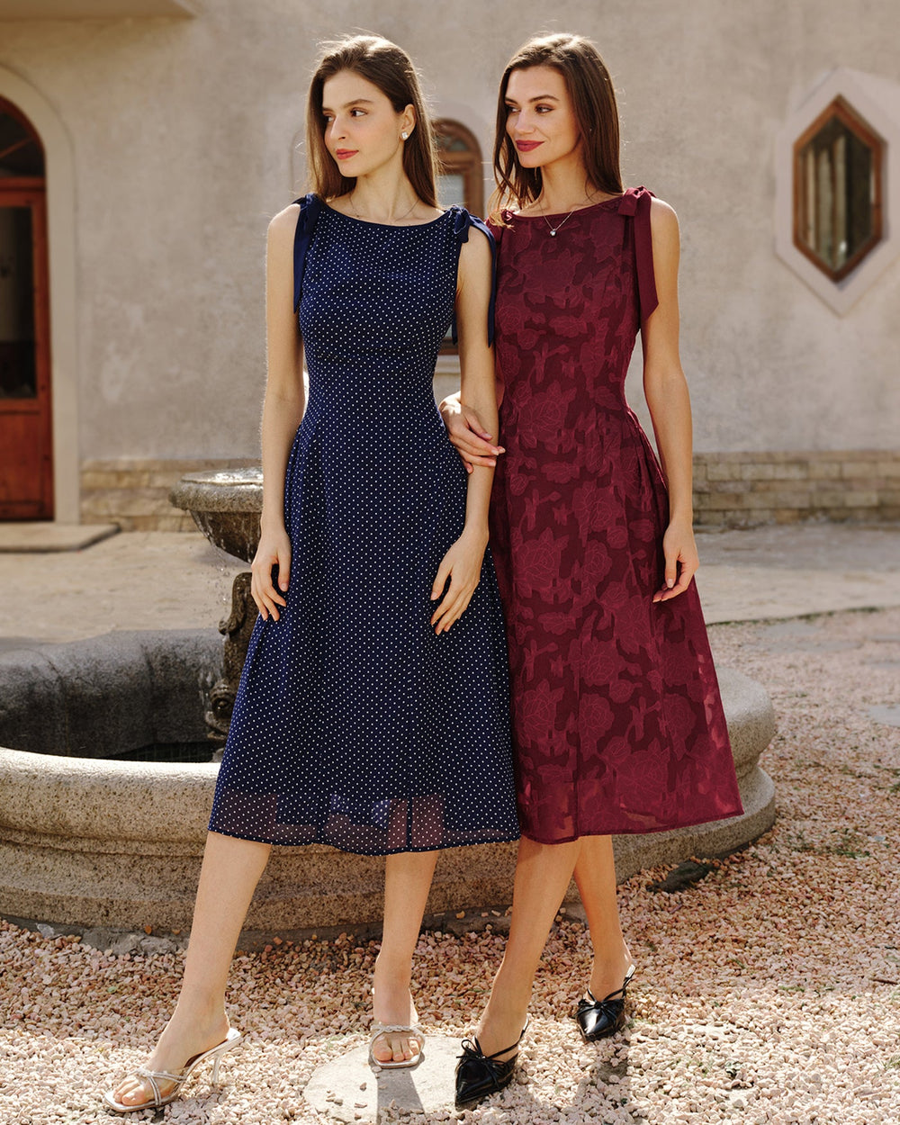 Red Jacquard Chiffon Midi Dress | Rihoas