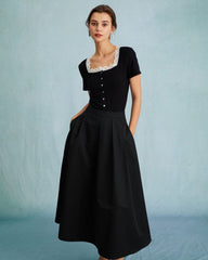 The Black High Waisted Pleated Midi Skirt | Rihoas