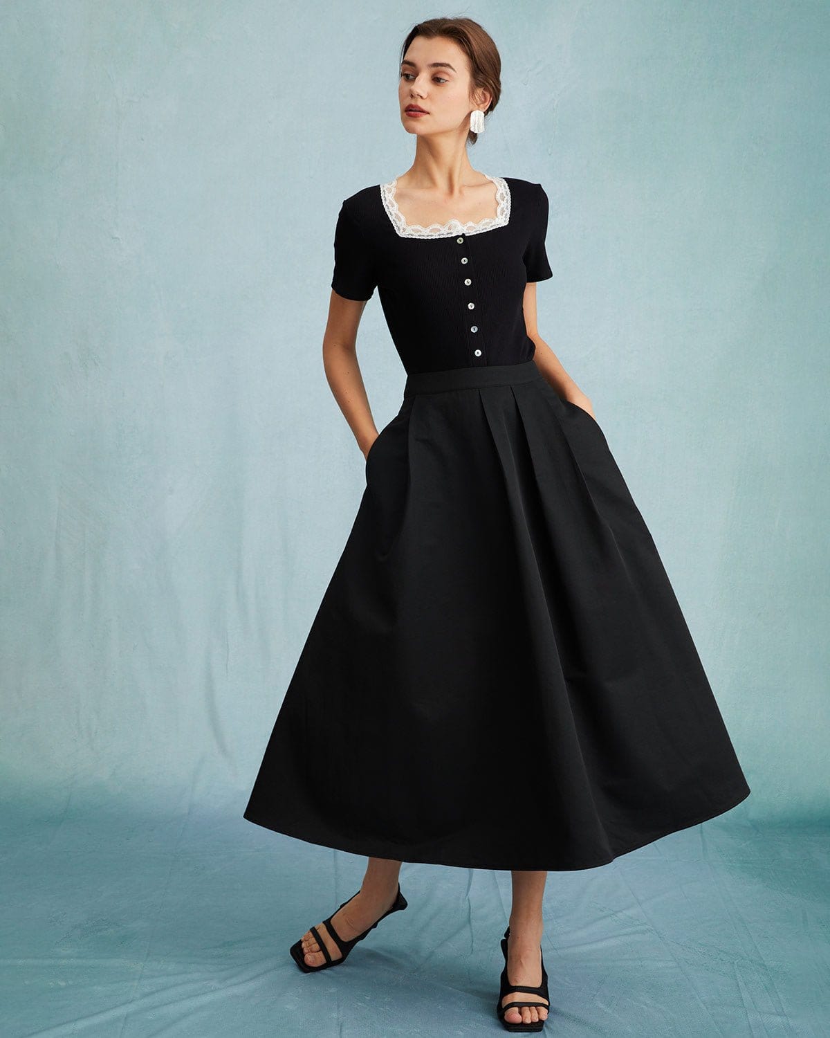 The Black High Waisted Pleated Midi Skirt | Rihoas