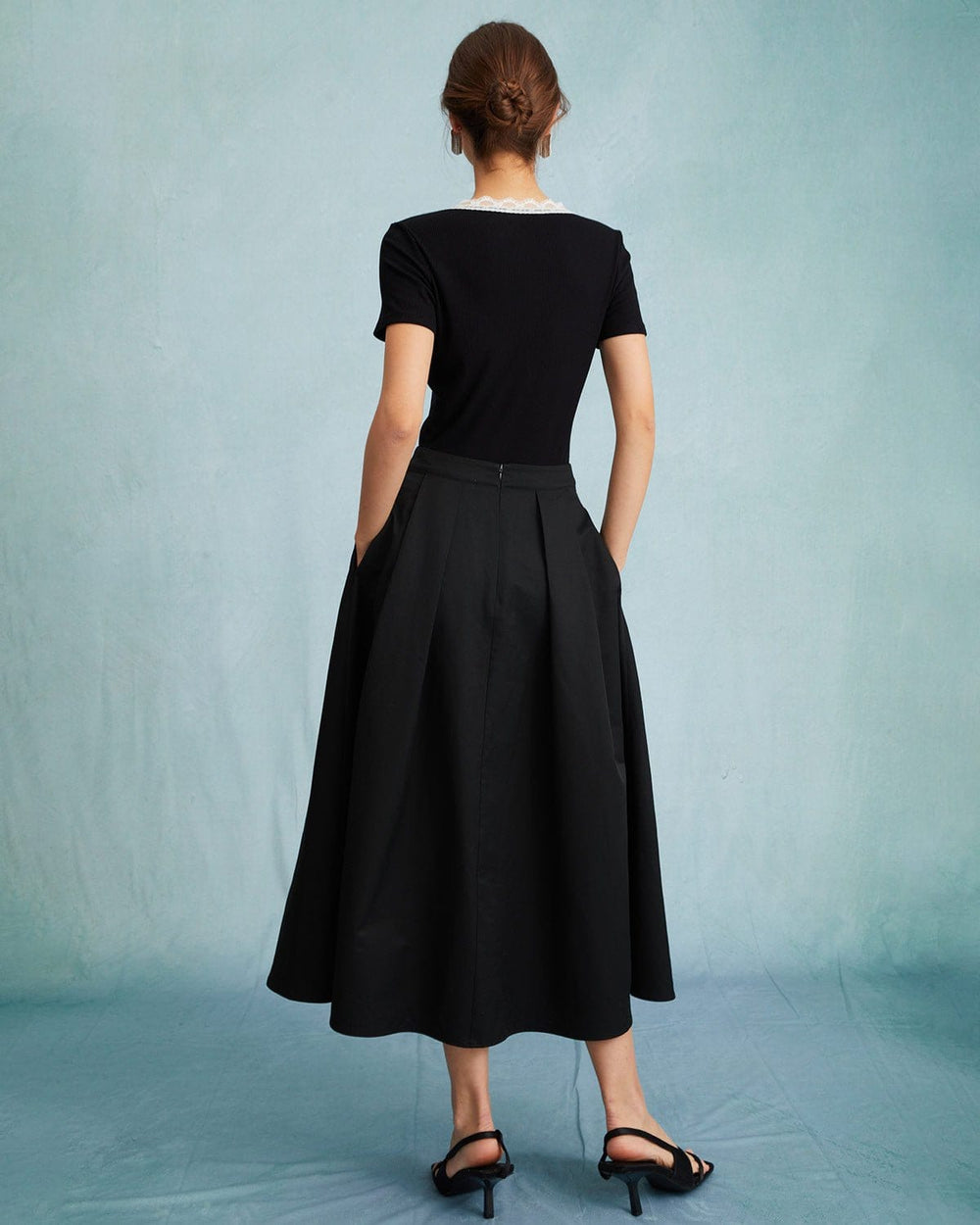 The Black High Waisted Pleated Midi Skirt | Rihoas
