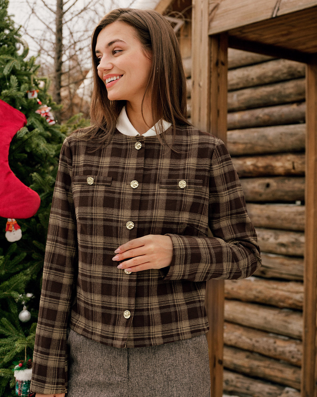 Brown Plaid Single Breasted Jacket | Rihoas
