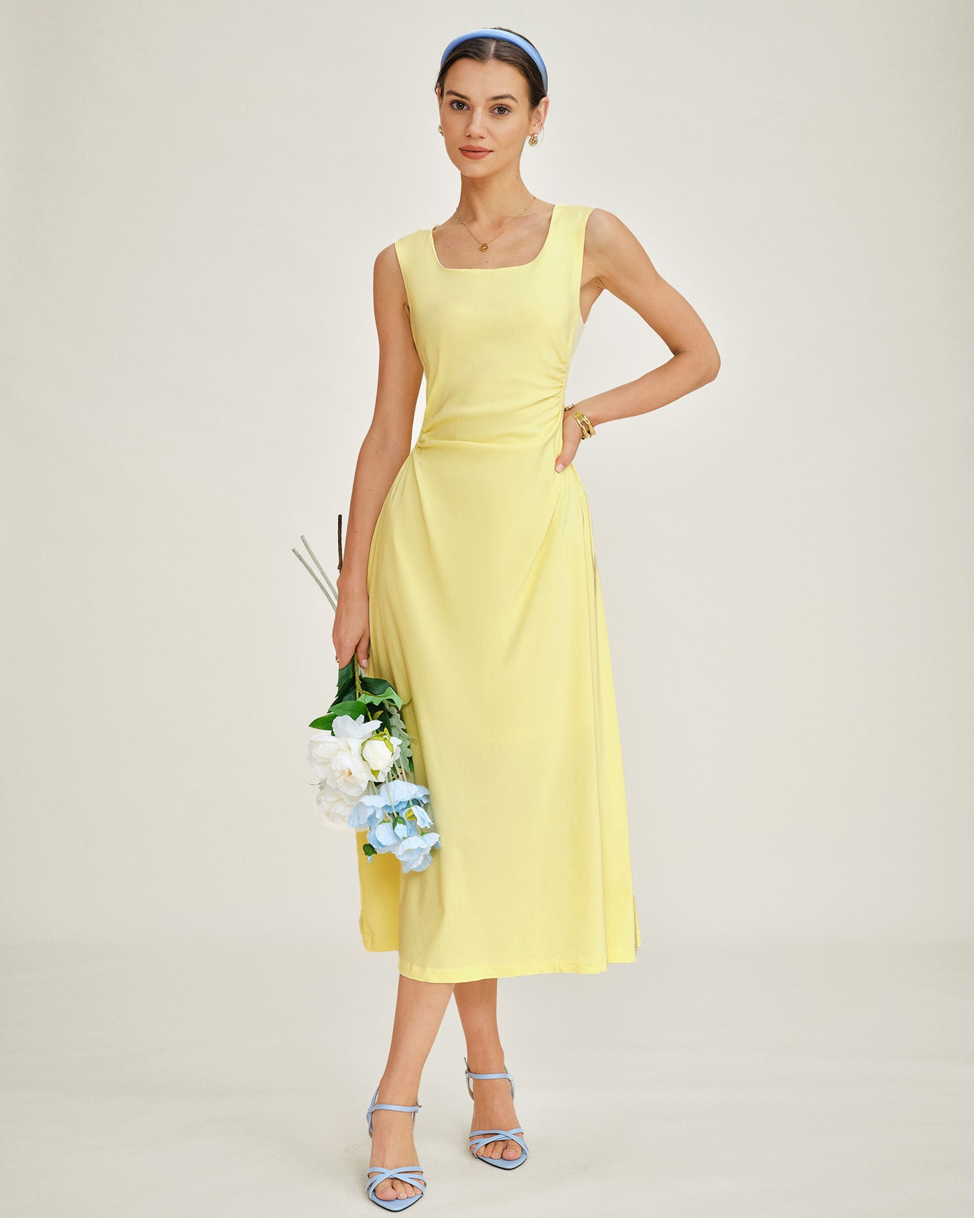 Yellow U Neck Ruched Midi Dress | Rihoas