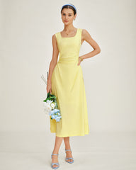 Yellow U Neck Ruched Midi Dress | Rihoas
