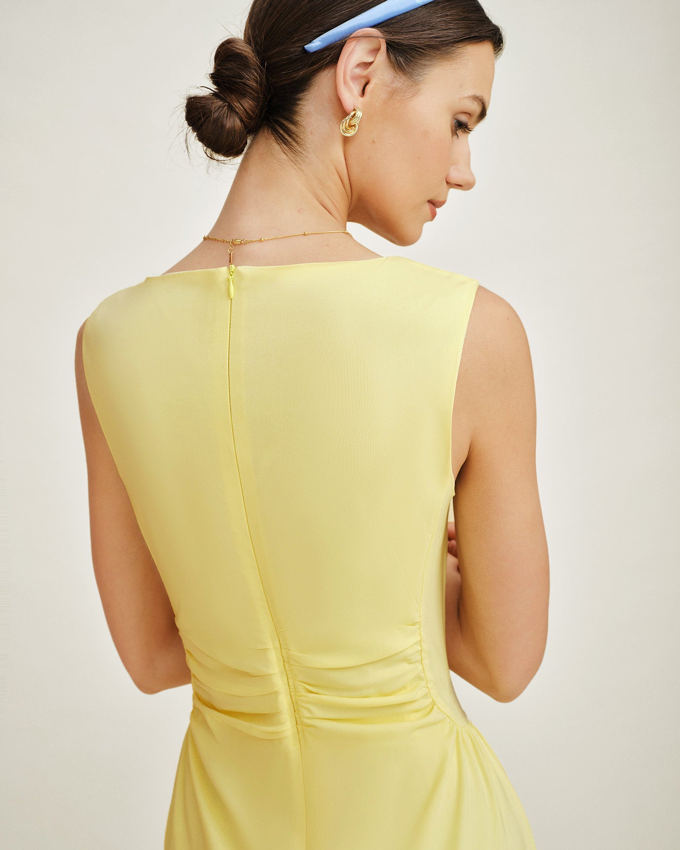 Yellow U Neck Ruched Midi Dress | Rihoas