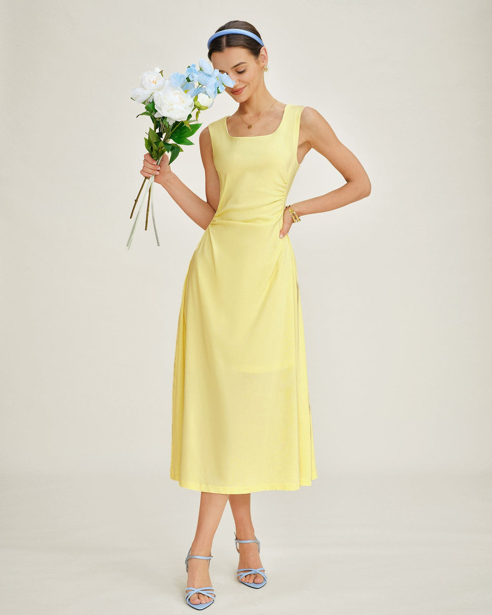 Yellow U Neck Ruched Midi Dress | Rihoas