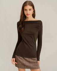 Coffee Ruched Knit Tee | Rihoas