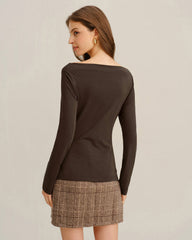 Coffee Ruched Knit Tee | Rihoas