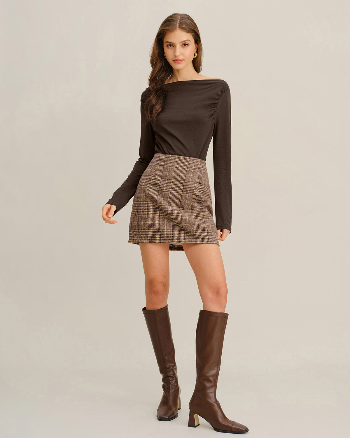Coffee Ruched Knit Tee | Rihoas