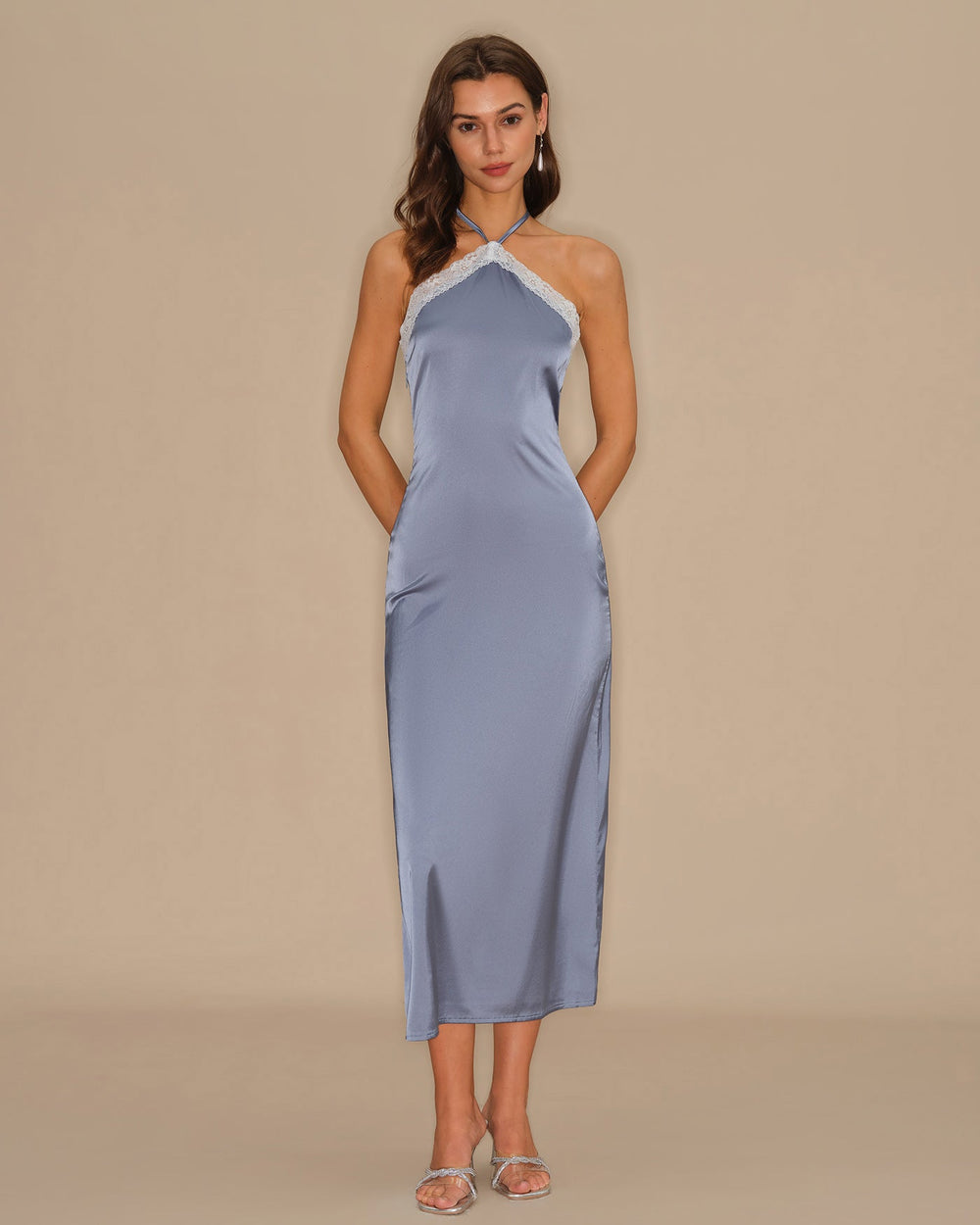 Blue Halter Lace Slip Midi Dress | Rihoas