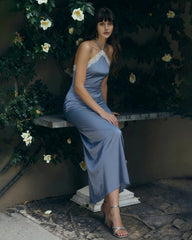 Blue Halter Lace Slip Midi Dress | Rihoas