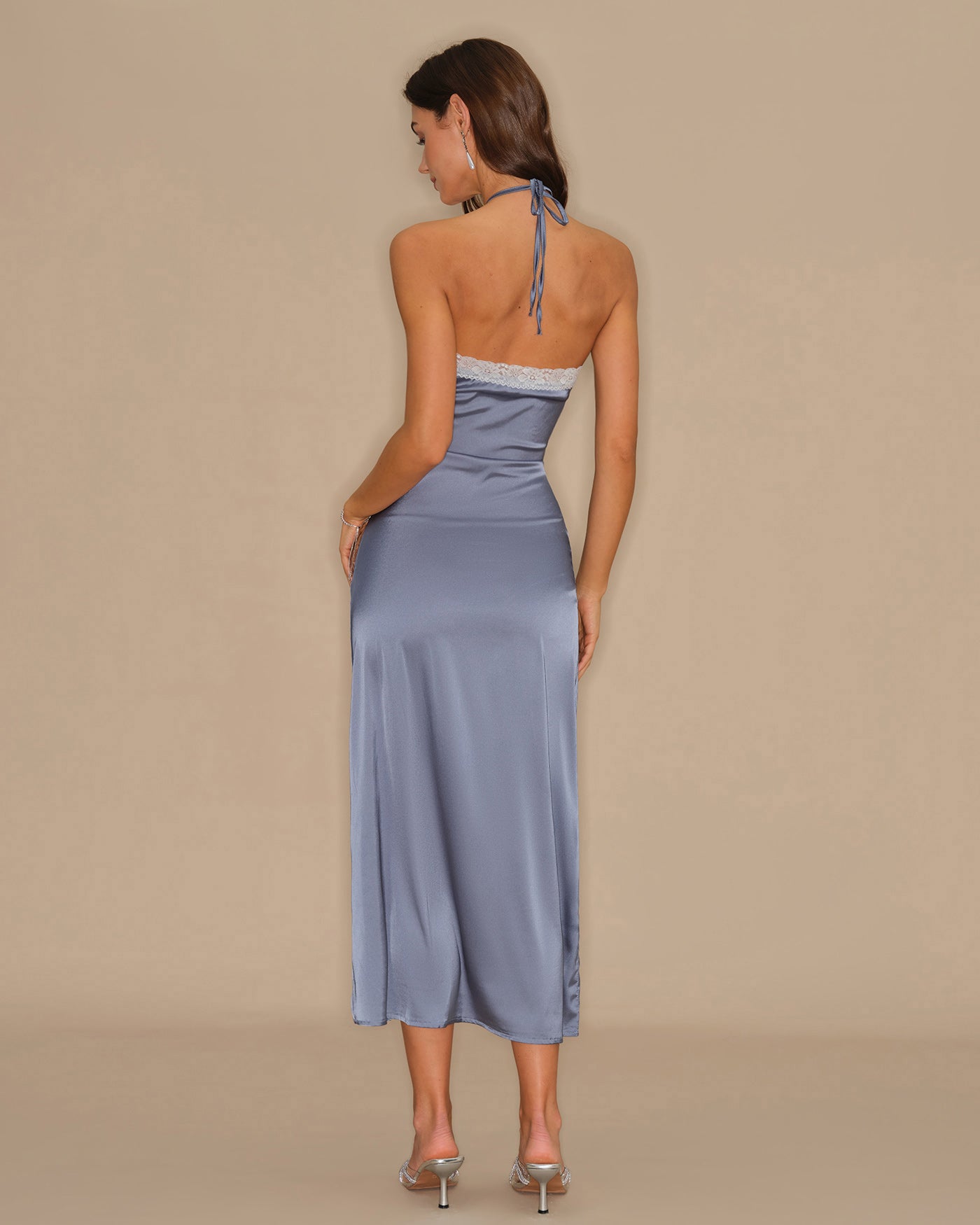 Blue Halter Lace Slip Midi Dress | Rihoas