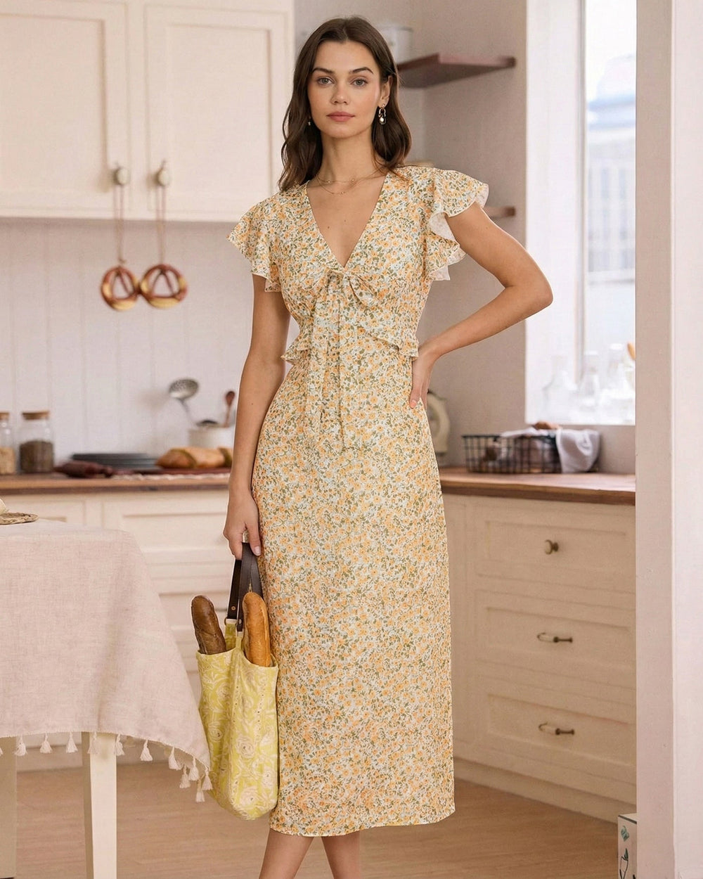 Yellow V Neck Floral Ruffle Midi Dress | Rihoas