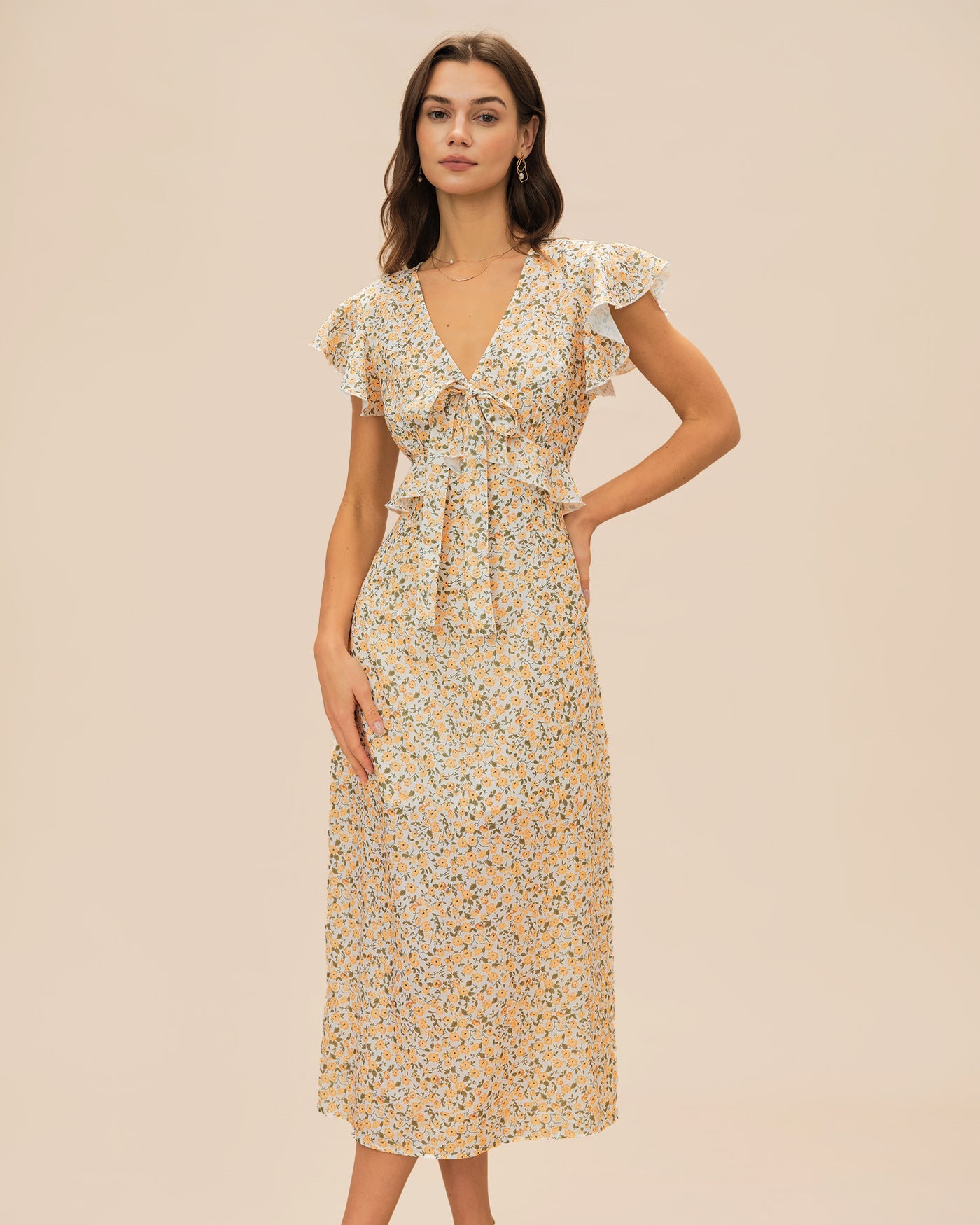 Yellow V Neck Floral Ruffle Midi Dress | Rihoas