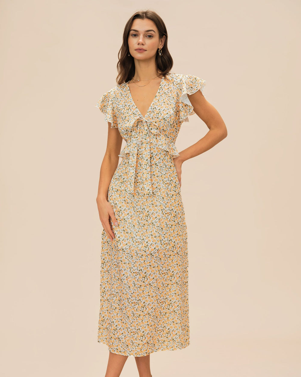 Yellow V Neck Floral Ruffle Midi Dress | Rihoas