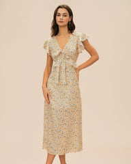 Yellow V Neck Floral Ruffle Midi Dress | Rihoas