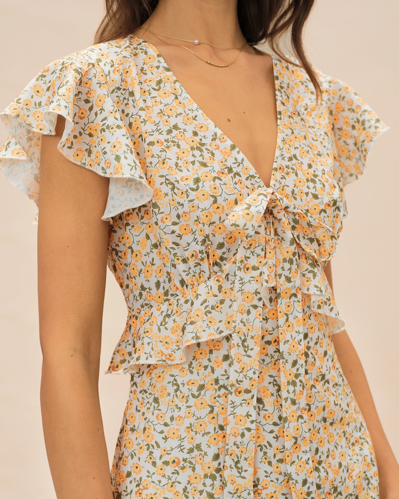 Yellow V Neck Floral Ruffle Midi Dress | Rihoas