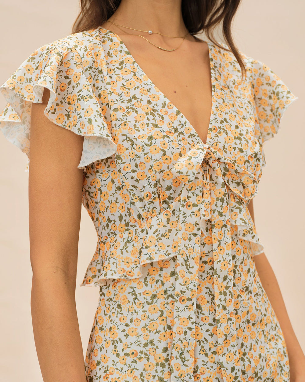 Yellow V Neck Floral Ruffle Midi Dress | Rihoas
