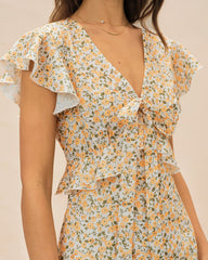 Yellow V Neck Floral Ruffle Midi Dress | Rihoas
