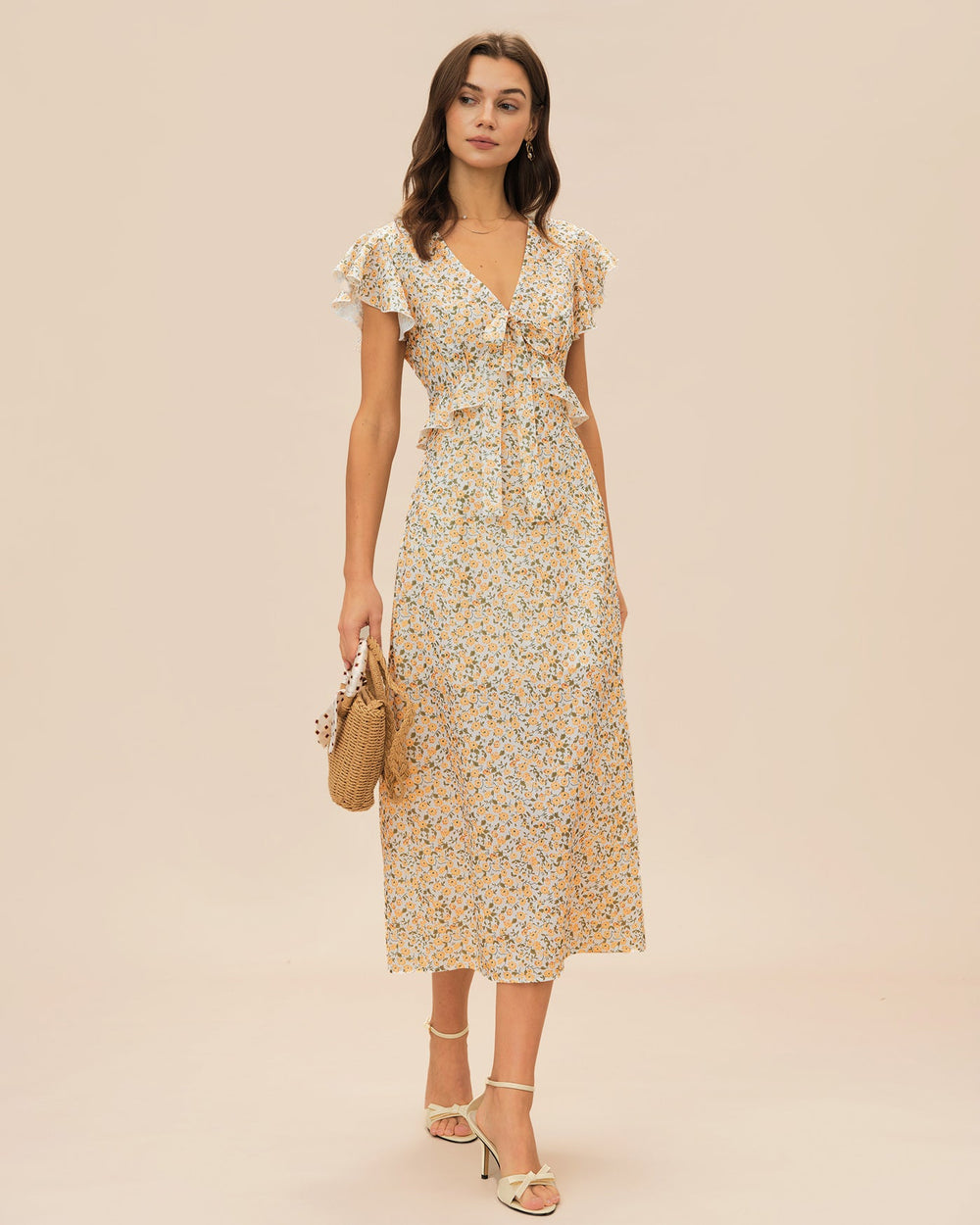 Yellow V Neck Floral Ruffle Midi Dress | Rihoas