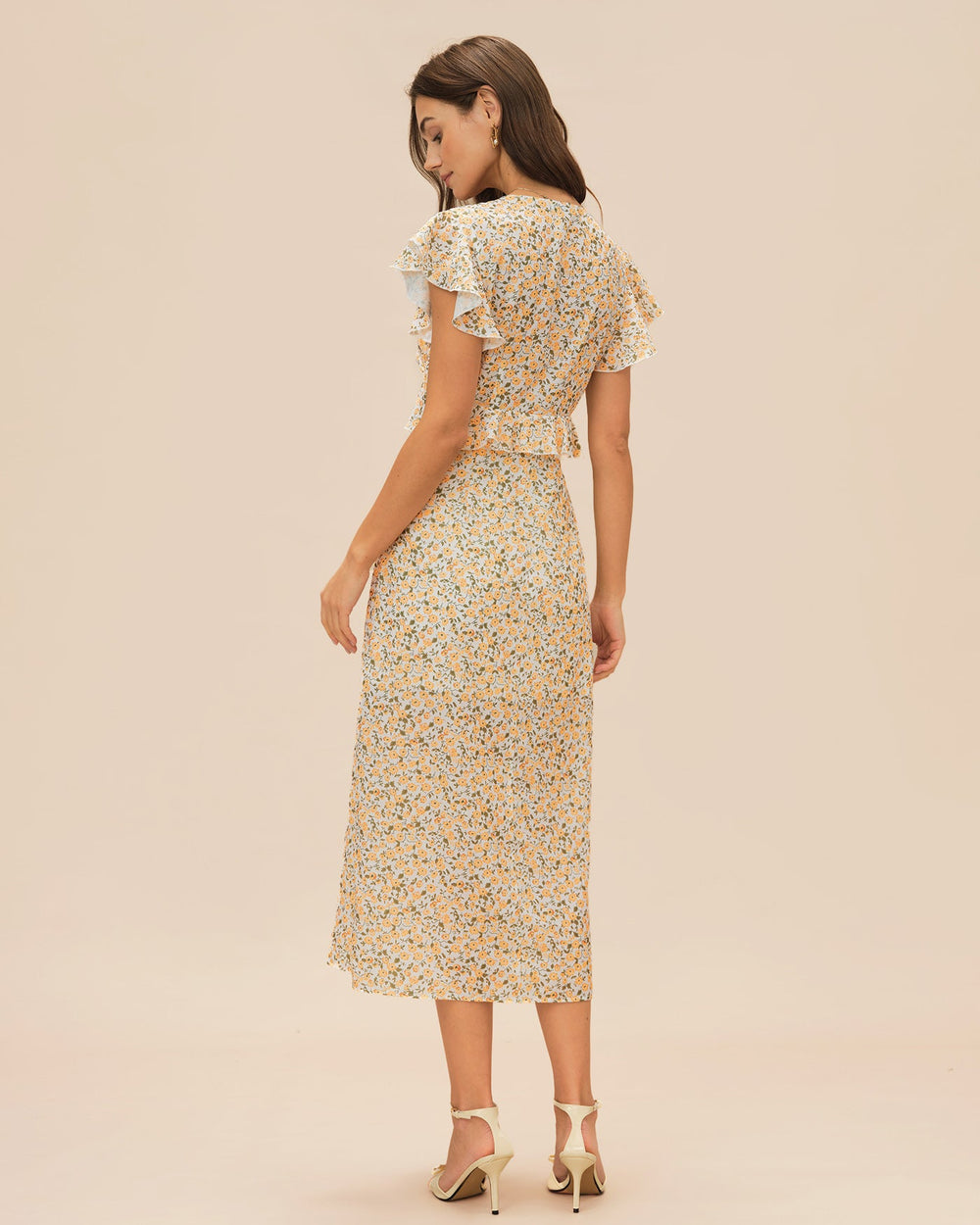 Yellow V Neck Floral Ruffle Midi Dress | Rihoas