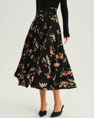 Black Floral A-Line Midi Skirt | Rihoas