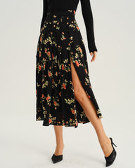 Black Floral A-Line Midi Skirt | Rihoas