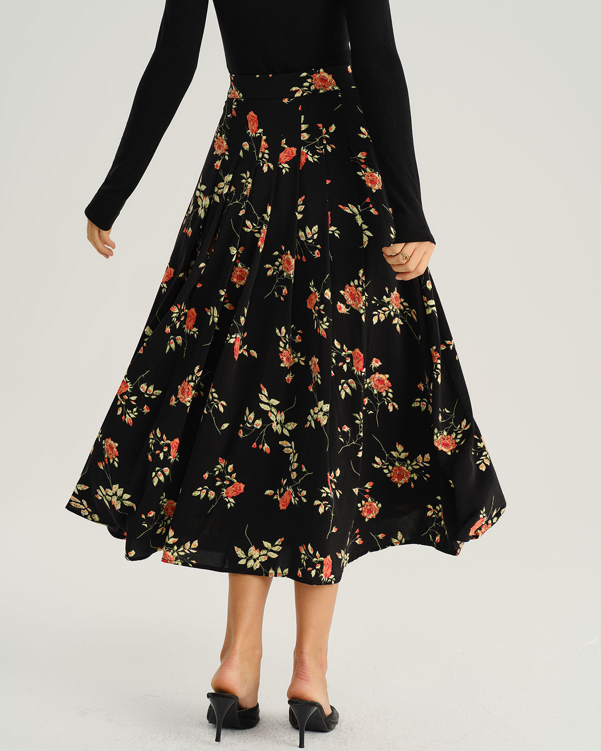 Black Floral A-Line Midi Skirt | Rihoas