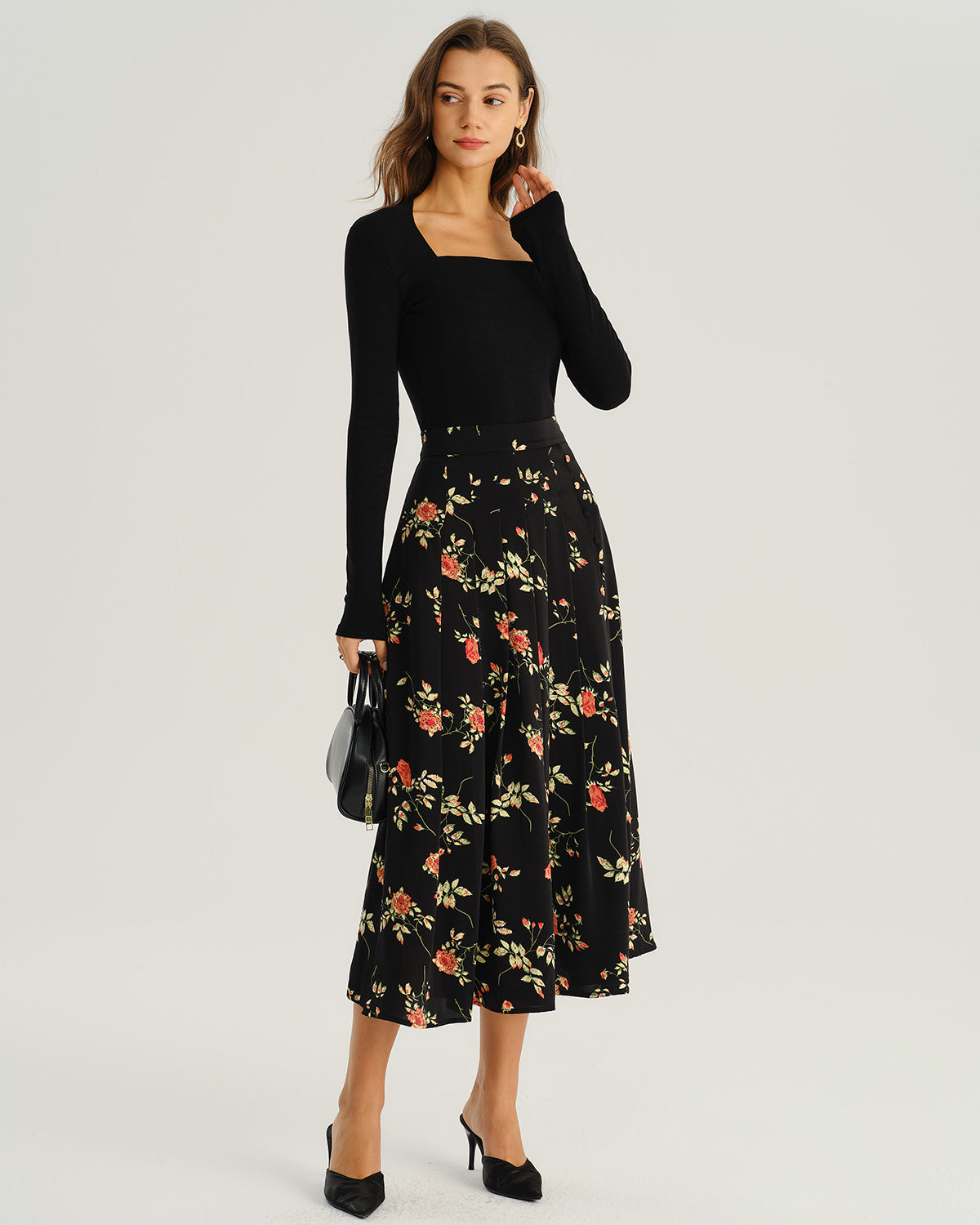 Black Floral A-Line Midi Skirt | Rihoas