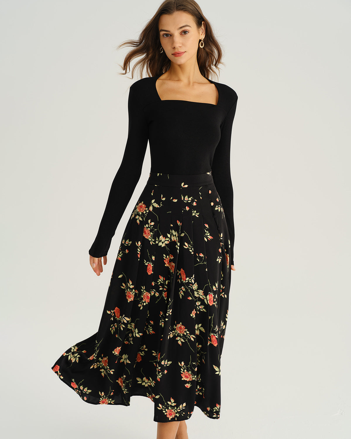 Black Floral A-Line Midi Skirt | Rihoas