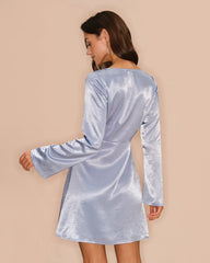 Blue Bell Sleeve Satin Mini Dress | Rihoas