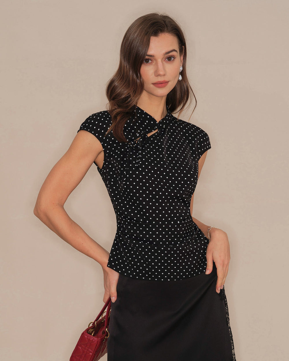 Black Polka Dot Mandarin Collar Tee | Rihoas